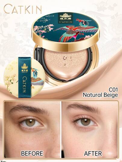 CATKIN Phoenix Cushion Foundation, Layerable Coverage, Anti-Aging Essence Makeup, Lightweight Satin Finish, Refill Included C01 Natural Beige