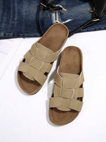 女士新款时尚沙滩凉鞋，木底平底露趾透气交叉编织休闲百搭舒适户外散步平底凉鞋