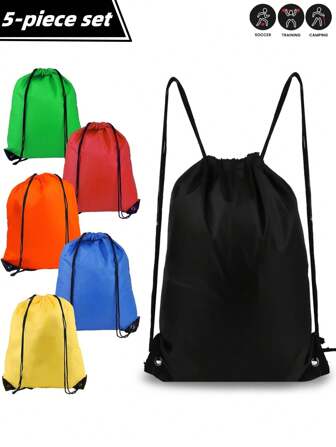 5pcs Drawstring Backpack Set: Nylon Sports Bag, Suitable For Travel, Yoga, Gym, Outdoor Camping, Hiking And Beach