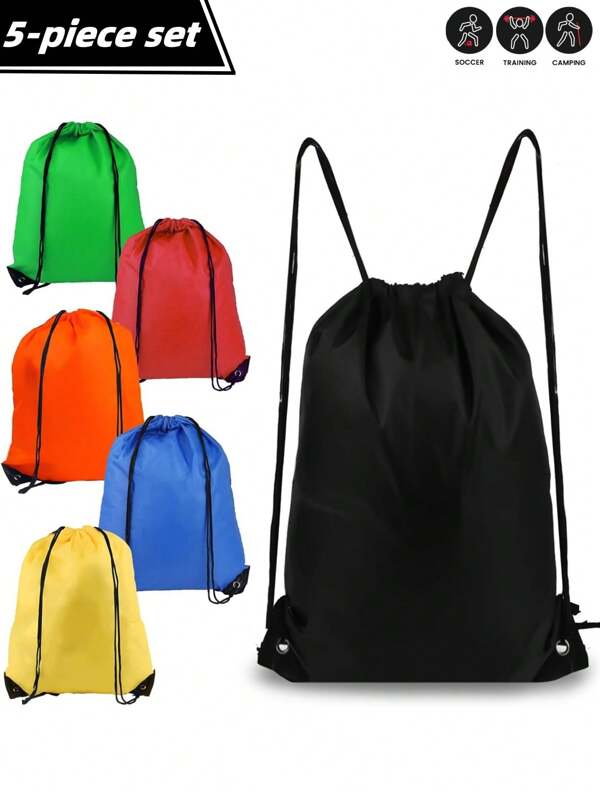 5er Set Kordelzug Rucksäcke: Nylon Sporttaschen, geeignet für Reisen, Yoga, Fitness, Outdoor Camping, Wandern und Strand