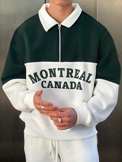 Men's Pullover Hoodie Top With Turn-Down Collar, Letter Print Patchwork, Fashionable Long Sleeve Loose Fit Lightweight Spring/Autumn Sweatshirt