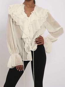 Women Basic Button Up Tops Casual Ruffles Long Sleeve Shirt Blouses - Champagne - View 3