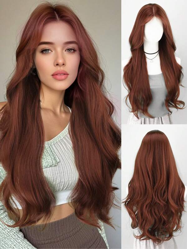 30 Inch Reddish-Brown U-Part 4X1 Lace Front Wig, Long Natural Wavy Middle Length Synthetic Wig For Everyday Wear