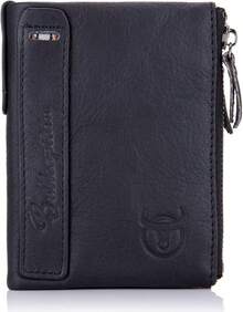 BULLCAPTAIN Genuine Leather Wallet For Men Vintage Bifold Double Zipper Coin Purse, Brown, 4.7"X1.2"X3.7"(HxWxL) - Black - View 2