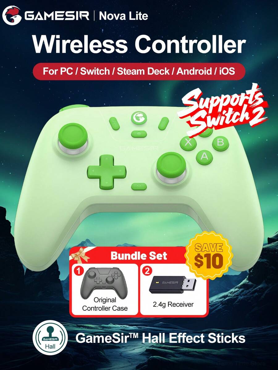 GameSir PC游戏手柄，兼容 2手柄，Nova Lite摇杆，兼容Switch、Steam、Deck、安卓、iOS设备和Windows系统，霍尔效应摇杆，配备原装手柄保护套，高性价比，模拟扳机键，双震动马达，支持连发，游戏主机配件，600mAh锂电池，支持无线（2.4G）或有线连接，绿色