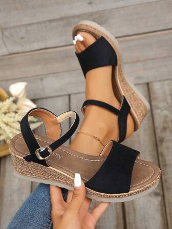 Plus Size Women's Wedge Heel Sandals, High Heels 2025 Summer New Fashion Fairy Style Solid Color Vacation Bohemian