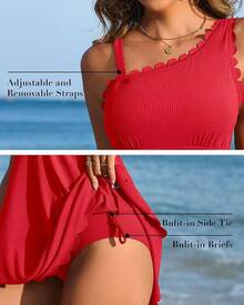 Ribbed One Shoulder Swim Dress With Tummy Control For Women - 紅色 - 查看 4