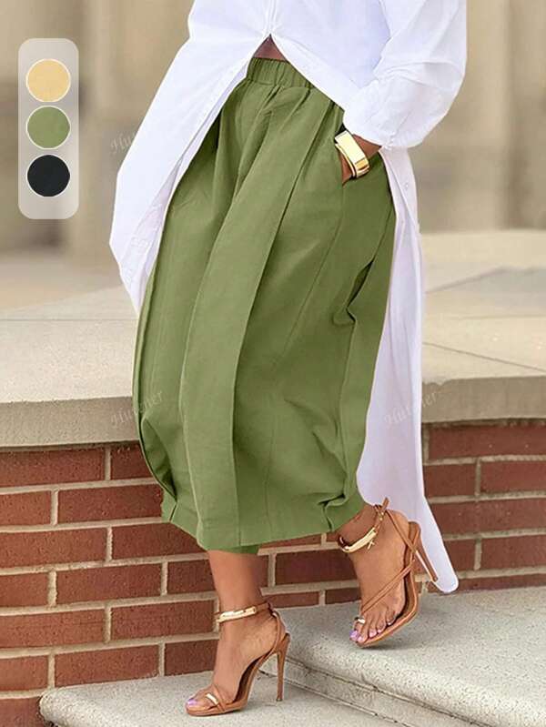 Spring/Summer Plus Size Women 's Trousers Solid Color Casual Wide Leg Capri Pants With Pockets, Green, Versatile Everyday Outfit