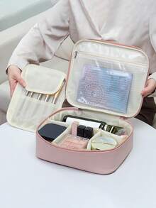 1 peça bolsa de cosméticos multifuncional de PU de grande capacidade com divisória removível para mulheres, bolsa de armazenamento para ferramentas de maquiagem, itens essenciais para viagem, férias de verão, volta às aulas, bolsa de viagem para escola, bolsa de maquiagem para mulheres, bolsa de viagem para maquiagem - Rosa - Ver 8