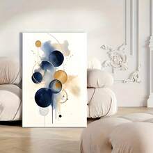 1pc Wooden Framed Canvas Poster - Abstract Circle Art Print In Blue & Golden, Contemporary Bohemian Modern Wall Decor For Bedroom, Handmade Wood Frame & Premium Canvas, Ready-To-Hang Home Decoration Painting, Perfect Gift, Canvas Art Wall Decor, Quality Craftsmanship, 2D Flat, Perfect For Room Decor - Dark Blue - View 1