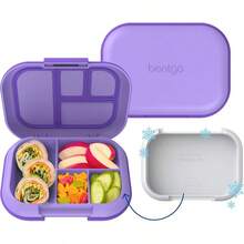 Lonchera a prueba de fugas Chill Kids - Caja Bento de 4 compartimentos con paquete de hielo incorporado, capacidad de 3.3 tazas, libre de PFAS y BPA, apta para microondas y lavavajillas, tamaño para edades de 3 a años (Verde/Azul Marino) - Morado - Ver 12