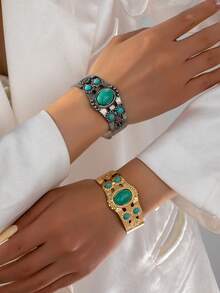1 件复古绿松石和复古银色调金色几何宽开口时尚礼物金属花手镯，朋克风格 - 銀色 - 查看 1