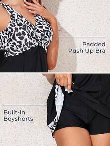 Plus Size Printed Padded High Waist Swimdress For Women - Leopard-monochrome - View 11
