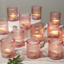 6Pcs Ribbed Blue Votive Candle Holders, Tea Light Candle Holders For Table Centerpiece, Blue Candle Holders For Wedding Decor, Home And Holiday Decor
