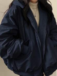 Women's Reversible Oversize Faux Shearling Lined Hooded Jacket Winter Y2K 2 Way Wear Padded Coat - 藏蓝色 - 查看 1
