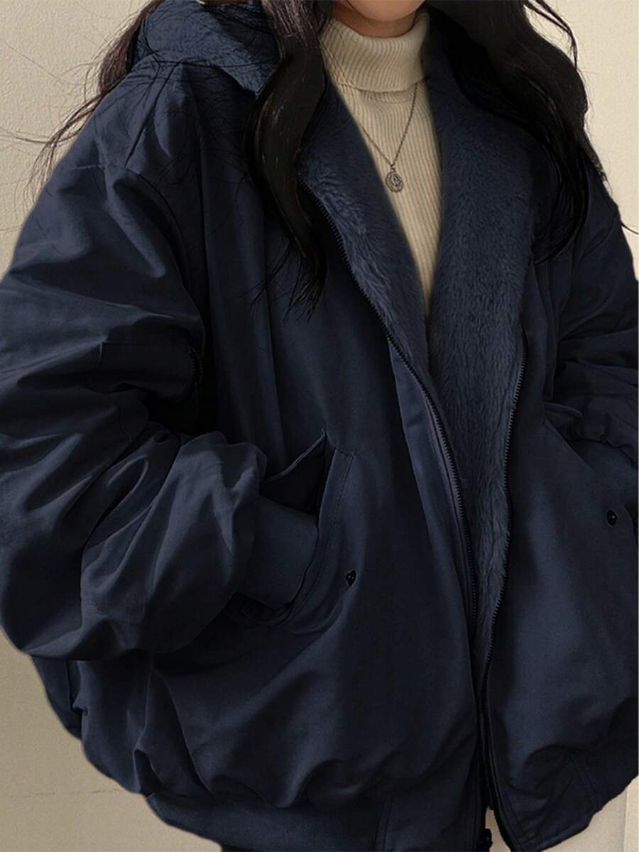 Women's Reversible Oversize Faux Shearling Lined Hooded Jacket Winter Y2K 2 Way Wear Padded Coat - 藏蓝色 - 查看 1