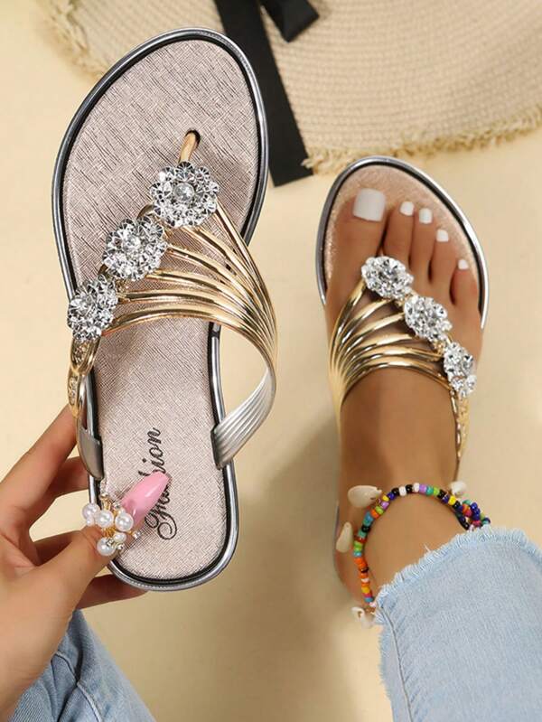 1 Pair Beach Casual PU Leather Rhinestone Flat Sandals, Slippers Suitable For Beach, Vacation, Home, Outdoor, Summer, Floral Flip Flops