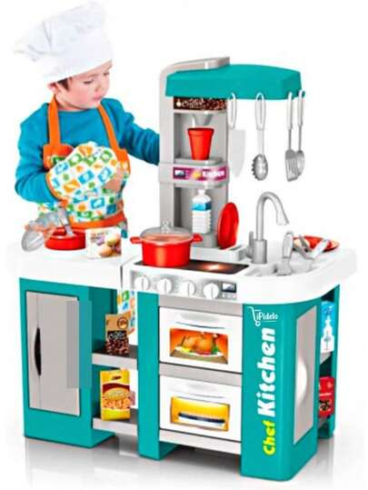 Cocina Con Agua, Luz Y Sonido Con 53 Piezas, Mide 72.53 Cm de Altura, Color Aqua.  Múltiples accesorios para preparar y hornear.   Elegante cocina y más accesorios de juego.  El juego de cocina tiene un diseño divertido y muchos accesorios animan el juego social imaginativo y compartir con amigos. Sonidos de chispa, silbato y agua corriente, silbatos de teca, sartenes y el grifo hace que el agua suene como mamá o papá en la cocina. Estos sonidos no te harán sentir aburrido o molesto.