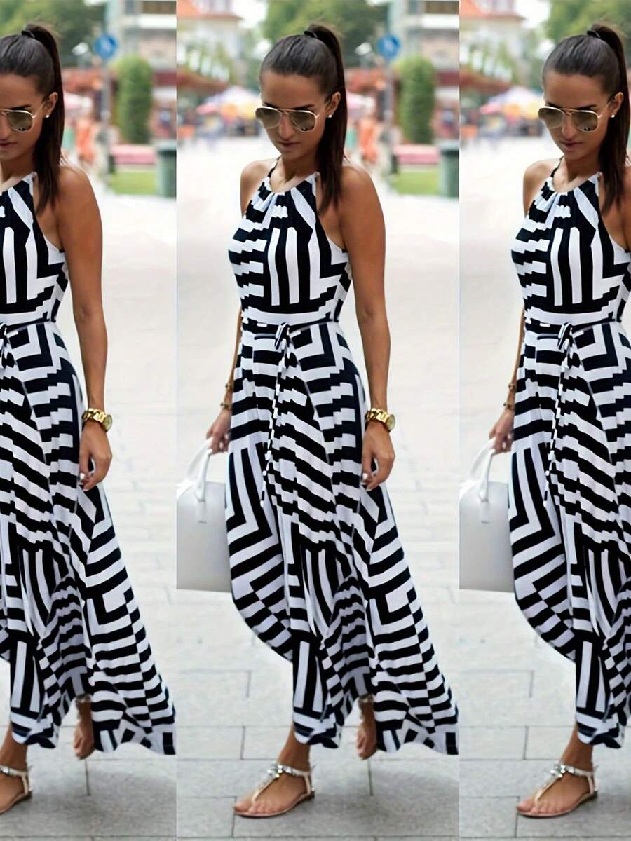WDIRARA Women's Zebra Print Halter Dress - Sleeveless Bodycon With Side Split & Asymmetrical Hem - View #7