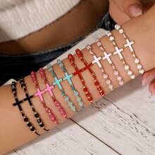 12 peças/Conjunto Pulseira Trançada com Contas de Cristal e Cruz de Metal da Moda