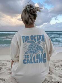 T-shirt blanc à manches courtes ample à col rond avec imprimé tortue et slogan, style décontracté de vacances, convenant aux grandes tailles. Top à la mode pour une utilisation quotidienne et les vacances - Blanc - Voir 3