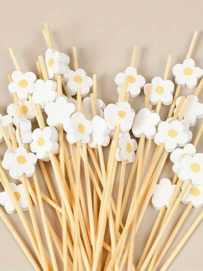 Sweet Daisy Theme Food Picks Flower Dessert Fruit Forks, Toothpick Sticks, Flower Picks, Perfect For Drinks, Desserts, Appetizers, Fruit & Dessert Decorations, Party, Wedding, White Mini Food Picks For Decoration, Kitchen, Summer Parties, Durable, Fun Drink Accessories Holiday Birthday Party Decorations Supplies