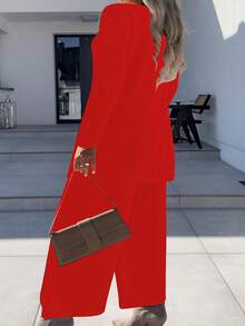 Women's Solid Color Simple Casual Three Piece Set, Round Neck Vest And High Waisted Wide Leg Pants And Cardigan Jacket, Suitable For Daily Wear - 紅色 - 查看 2
