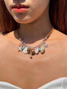imoli 1pc Boho Style Acrylic Starfish & Shell Pendant Metal Chain Necklace, Beach Vacation Versatile Jewelry For Women, Suitable For Holiday, Party, Beach Travel