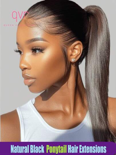 QVR QUEEN VIRGIN REMY Extensiones de cabello de cola de caballo de cabello humano QVR, cabello liso natural con cordón, apariencia natural, cabello humano Remy color negro natural para mujeres