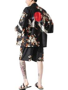 PRIJOUHE Japanese Kimono Men Lightweight Open Front Kimono Bathrobe With Shorts 2 Piece Summer Beach Outfits - màu đen - Xem 3