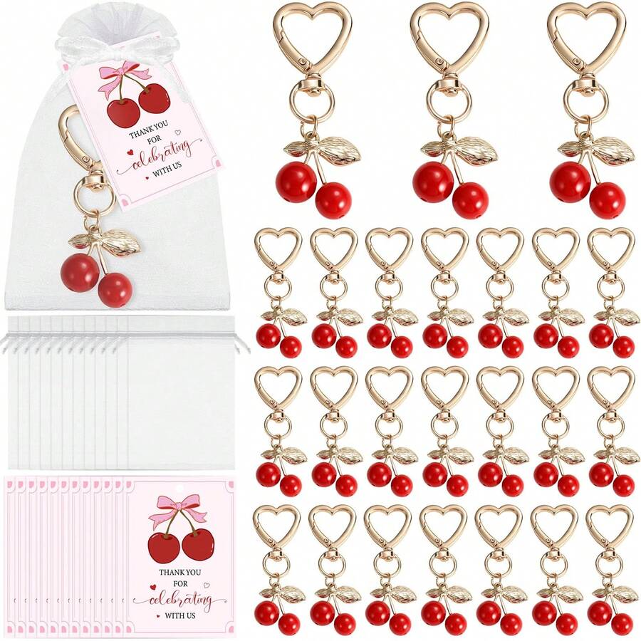 30pcs(10sets),60pcs(20sets) Cherry Keychain Party Favors,Including Cherry Keychain, Thank You Cards Ang Organza Tags, Cherry On Top Party Decorations Cherries Keyring Red Fruit Gifts For Birthday Baptism Wedding Guests - Multicolor - View 1