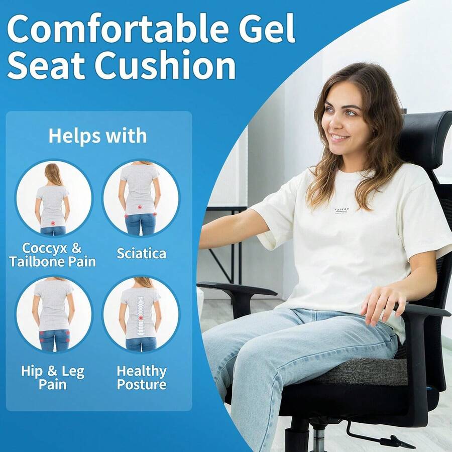 Seat Cushion For Long Sitting, Cooling Gel Memory Foam Seat Cushion - Back, Sciatica, Coccyx, Tailbone Pain Relief - For Office Chairs, Car Seat, Wheelchair Sitting Cushion (Black) - màu đen - Xem 1