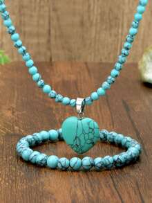 2pcs Vintage Nature Sodalite Stone Necklace And Bracelet Set, Heart Pendant Choker, Handmade Beaded Bracelet, Special Gift - Multicolor - View 16