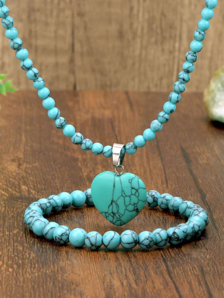 Set de 2 piezas de collar y pulsera de piedra de Sodalita de estilo vintage natural, colgante en forma de corazón, pulsera hecha a mano con cuentas, regalo especial - Multicolor - Añade 15