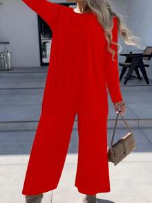 Women's Solid Color Simple Casual Three Piece Set, Round Neck Vest And High Waisted Wide Leg Pants And Cardigan Jacket, Suitable For Daily Wear - 紅色 - 查看 3