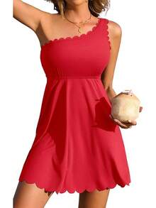 Ribbed One Shoulder Swim Dress With Tummy Control For Women - 紅色 - 查看 1