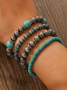 4pcs/Set Bohemian Multi-Layer Stretch Cord Bracelets, Vintage Style Green Beaded Chain Bracelet, Women's Casual, Versatile Daily, Party And Travel Jewelry