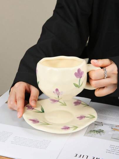 1pc Ceramic Coffee Cup & Saucer Set, Cute Hand-Painted Tulip Pattern, Suitable For Home, Office, Cafe, Great Gift Option