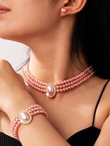 3 Stücke/Set Halskette, Armband und Ring Schmuckset mit weißen Perlen und Herzanhänger, elegant für Mädchen zum Tragen auf Banketten und Partys - Herz Schmuckset - Übersicht 3