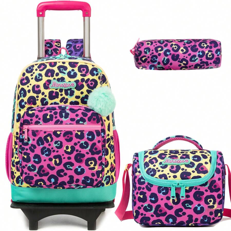 Mochila com rodinhas 3 peças para meninos e meninas, estampa de rosto de papelão, design super fofo e moderno, adequada para meninos e meninas, aplicável para escola e viagens - Amarelo Roxo L4001F - Ver 1