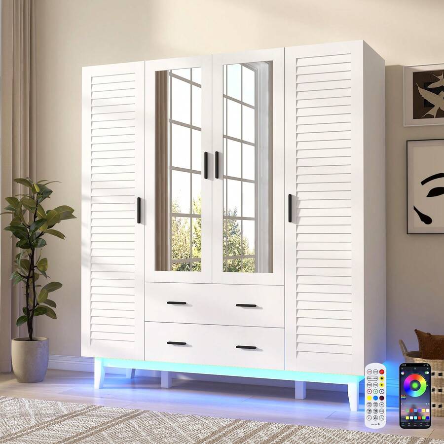 2/3/4 Doors Armoire Wardrobe Closet Cabinet With Drawers And USB Powered LED Lights, Multi-Tier Shelves, Hanging Rod & 2 Louver Doors, Large Capacity Storage Wardrobe Armoire For Bedroom - trắng - Xem 1