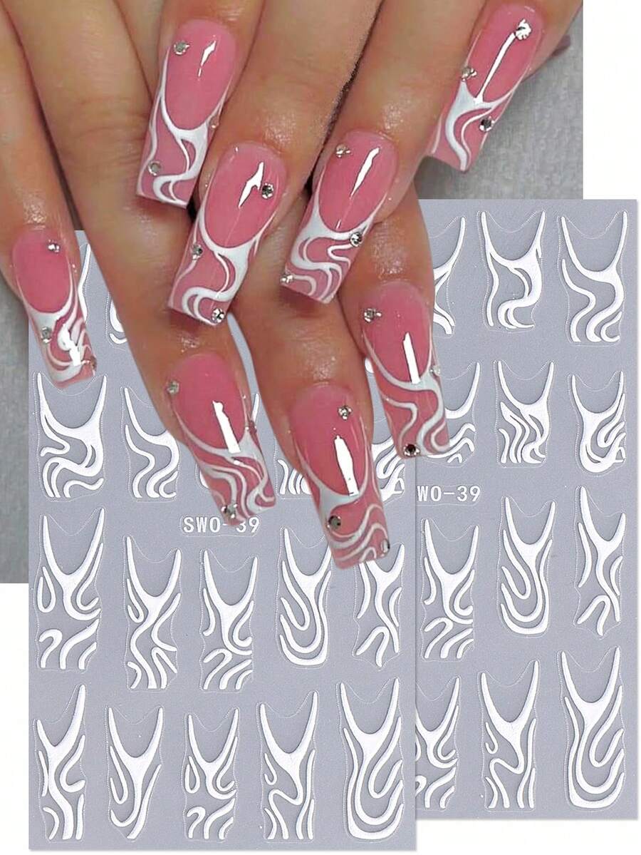 5D 白色涂鸦条纹指甲贴纸 2 件不对称纹理线条优雅法式美甲设计 DIY Y2K 自粘凝胶抛光贴花滑块美甲装饰美甲用品