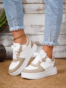 Women's Classic White Low-Top Casual Fashion Flat Sneakers, Outdoor Sports Shoes, Lightweight Soft-Soled Breathable Slip-On Platform Shoes - Màu Khaki - Xem 4