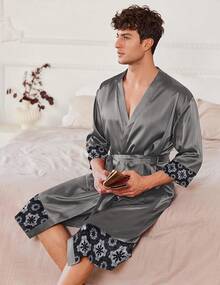 Mens Satin Robe Lightweight Silky Kimono Bathrobe 3/4 Sleeve Spa Knee Length Loungewear With Pockets S-3XLhalloween - 深灰色圖案 - 查看 3