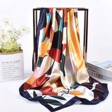 35 Inches Silk Head Scarf-Satin Hair Scarves Silk Bandana Scarf Headscarf For Women's Fashion Scarveshalloween - 彩色向日葵-海軍藍 - 查看 9