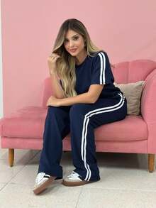 Simple Set Tracksuit Knit Pants Blouse Stripe Casual Elegant Conservative/Modest Knit Fabric Knot Pocket - Blue - View 2