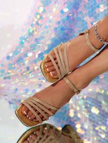 2025年新款青少年时尚高跟凉鞋，舒适百搭 - 金色 - 查看 2