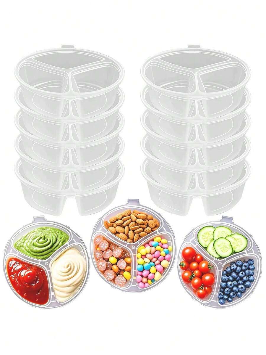 5/10 /30/50 Hộp đựng đồ ăn nhẹ 3 ngăn nhiều màu có nắp - Có thể tái sử dụng, di động, hộp đựng nước sốt và nước chấm bằng nhựa chống rò rỉ để đựng đồ ăn nhẹ, gia vị và chuẩn bị bữa ăn khi di chuyển - Thích hợp cho người lớn, dã ngoại và tiệc tùng, hộp đựng đồ ăn nhẹ cho tiệc tùng | Hộp đựng đồ ăn nhẹ nhiều màu | Nắp chống rò rỉ