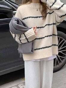 Women's Autumn And Winter Fashionable And Versatile Y2K Contrasting Striped Shoulder Down Casual Knitted Round Neck Autumn And Winter Sweater, Lightweight And Comfortable, Suitable For Leisure, Daily Life, Dating, Home, Office, Party Gatherings, Festivals, Shopping, Halloween, Christmas, Thanksgiving, Holidays