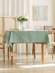 1 件美式乡村复古风格桌布，清新绿色提花面料矩形流苏桌布，适用于厨房、派对、野餐、宴会、家居装饰、所有季节 - 綠色 - 查看 6